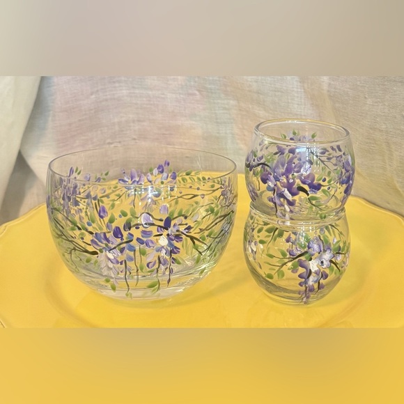 Signed Hand Painted Wisteria Bowl & Cup Set - Picture 1 of 10